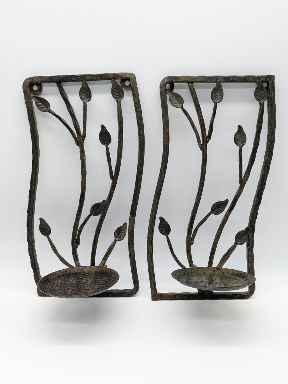 Rustic Metal Leaf Foliage Fold Down Wall Hanging Sconce Candle Holders Set Of 2